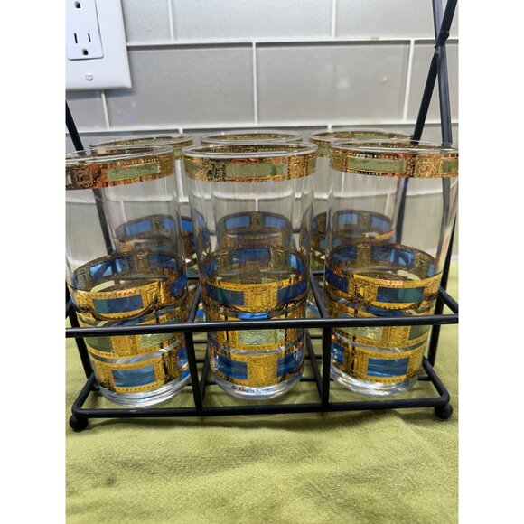 6 MCM Culver Empress Highball Glass Set 22K Gold Trim Caddy Table Top Decor Bar - Picture 2 of 16